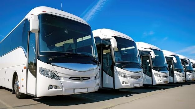 Row of parked white tour buses on a sunny day under a clear blue sky.